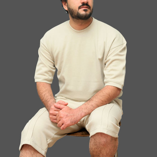 Beige Interlock Co-Ord Set (Shirt+Short)