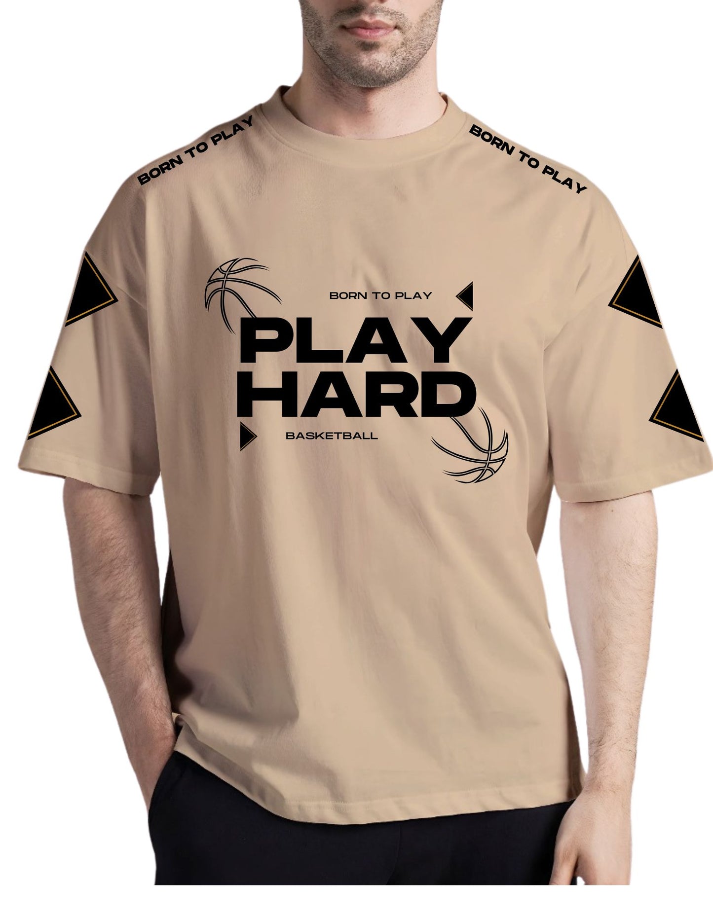 Play Hard Beige Drop Shoulder Tee
