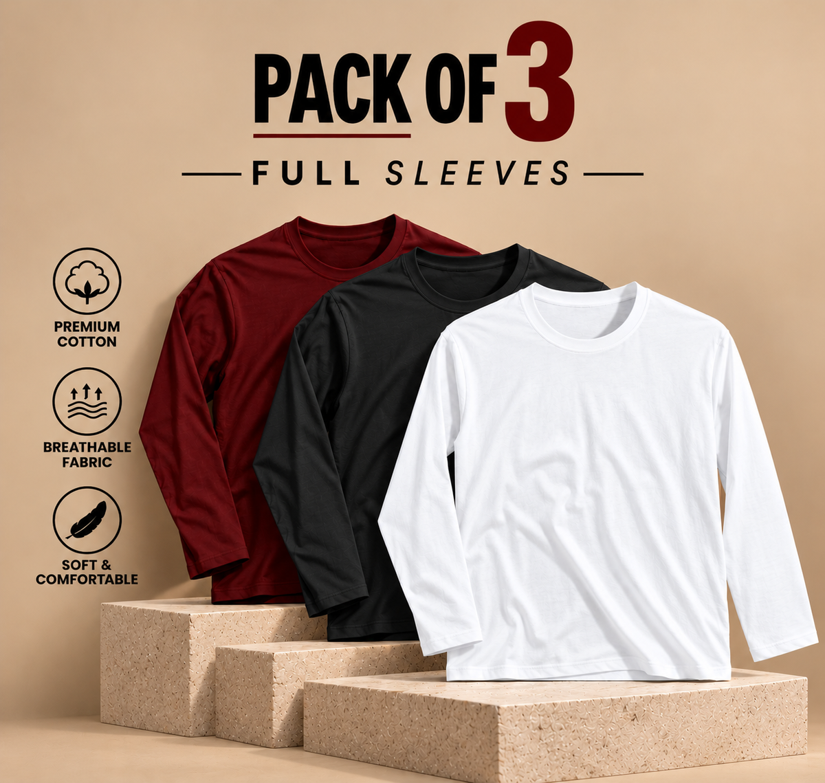 Pack of 3 Full Sleeves T-shirts