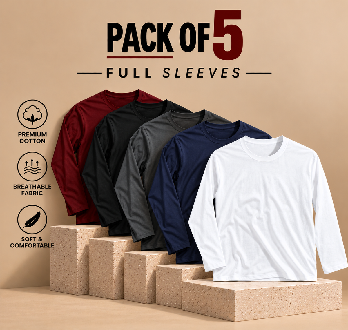 Pack of 5 Full Sleeves T-shirts