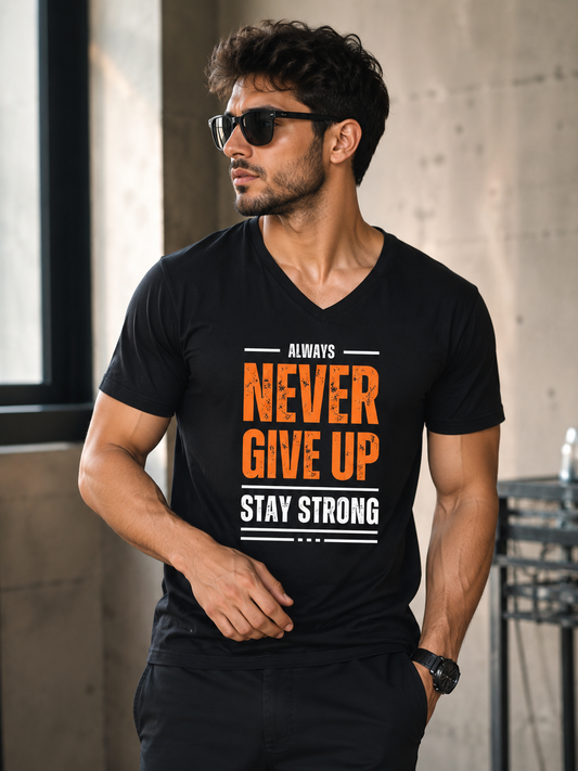 Never Give Up Black V-Neck Tee