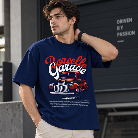 Brocelle Garage Navy Blue Drop Shoulder T-Shirt