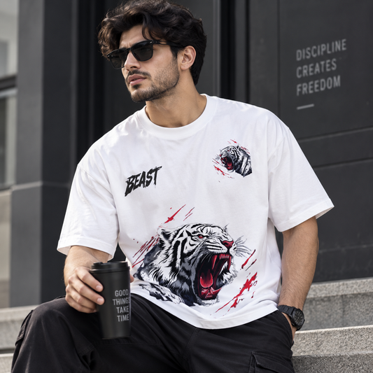 Beast White Drop Shoulder T-Shirt