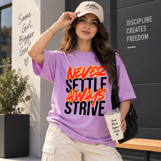 Never Settle Light Purple Drop Shoulder T-Shirt