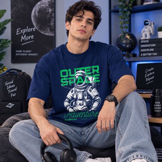 Outer Space Navy Blue Drop Shoulder T-Shirt