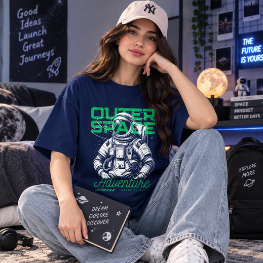 Outer Space Navy Blue Drop Shoulder T-Shirt