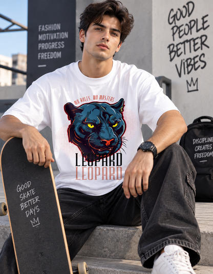 Leopard Face White Drop Shoulder T-Shirt