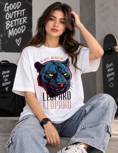 Leopard Face White Drop Shoulder T-Shirt