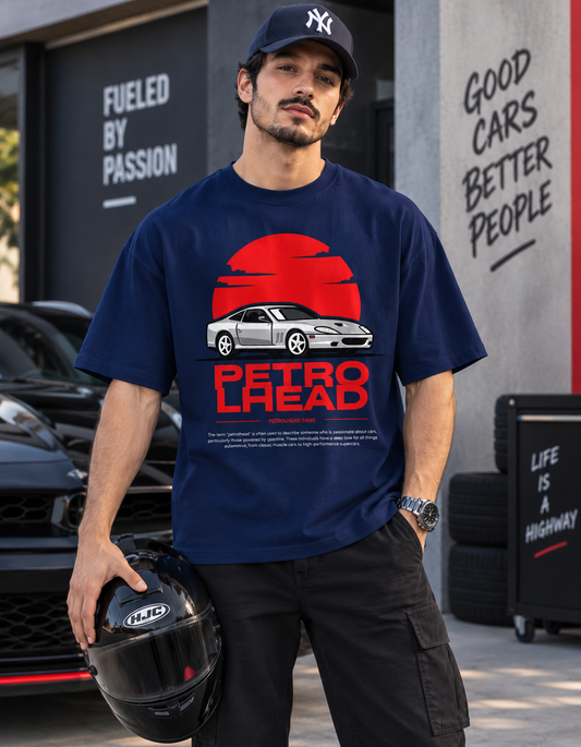 Petrol Head Navy Blue Drop Shoulder T-Shirt