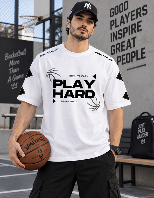 Play Hard White Drop Shoulder Tee