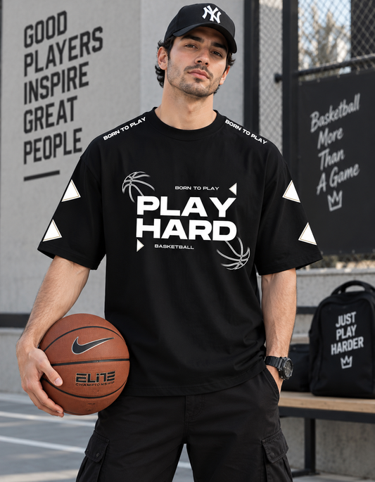 Play Hard Black Drop Shoulder Tee
