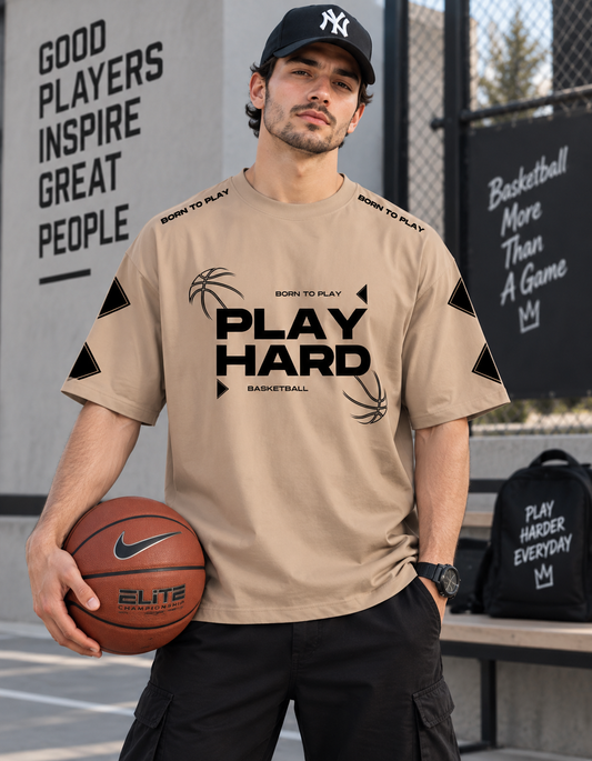 Play Hard Beige Drop Shoulder Tee
