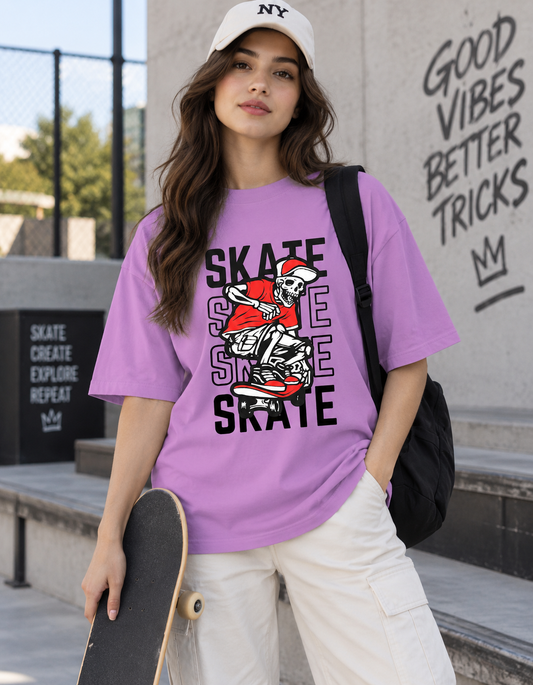 Skeleton Skate Light Purple Drop Shoulder T-Shirt