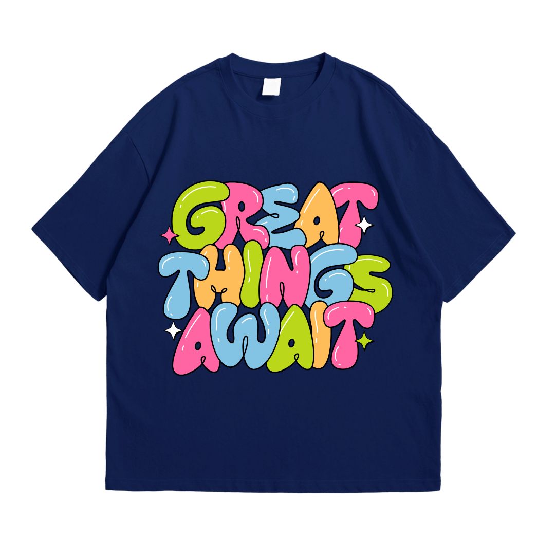 Great Things Await Navy Blue Drop Shoulder T-Shirt