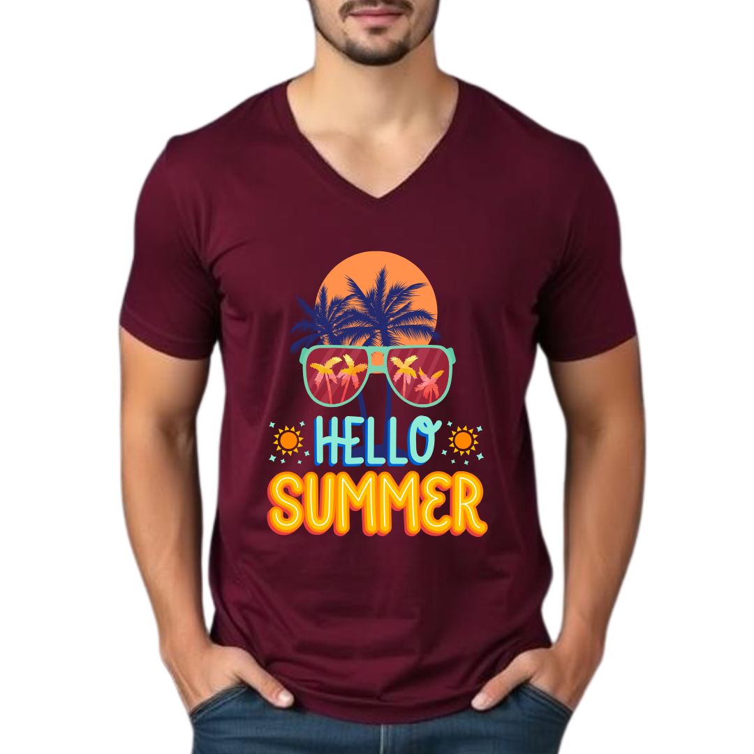 Hello Summer Maroon V-Neck Tee